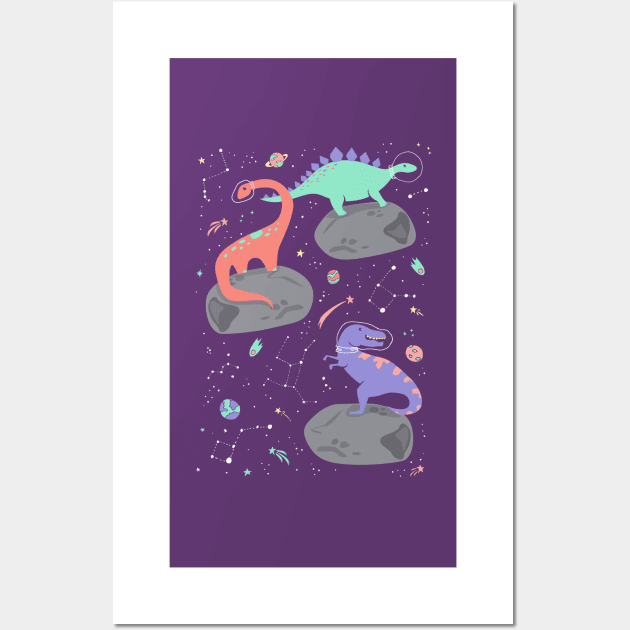 Dinosaurs Floating on an Asteroid in Purple Wall Art by latheandquill